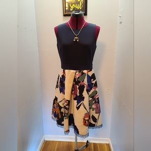 Black Top and Floral Bottom Dress with Lace Hem